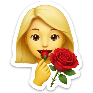 Normal emoji yellow biting a rose flower in romantic  sticker