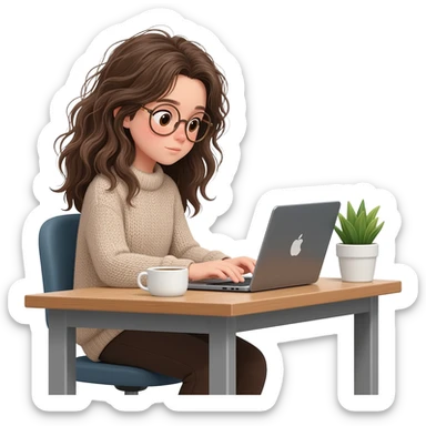 small-eyed girl with messy long  hair and glasses working from home  on PC half body and front view profile sticker