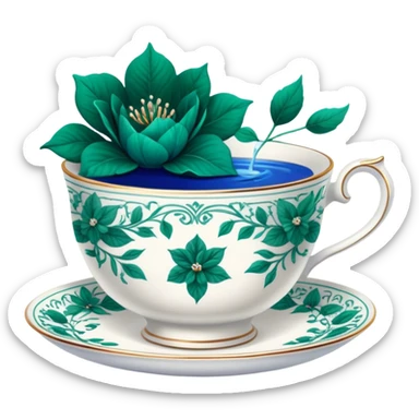A delicate teacup with an intricate vintage emerald green floral design, set beside a love letter with deep blue ink. sticker