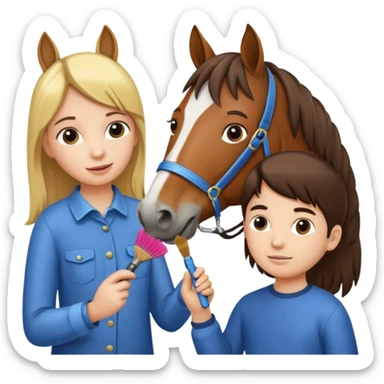 two children grooming a horse] sticker