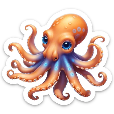 Cinematic Cute Octopus Portrait Emoji, Head tilted playfully and inquisitively, featuring a rounded, light orange body embellished with playful blue rings, eight adorably curling arms, and big, twinkling eyes full of wonder, Simplified yet irresistibly adorable features, highly detailed, glowing with a warm, inviting underwater glow, high shine, affectionate and lively, stylized with a touch of whimsical cartoon charm, soft glowing outline, capturing the essence of a mischievous yet loving octopus that seems as if it could bob out of the screen into your arms! sticker