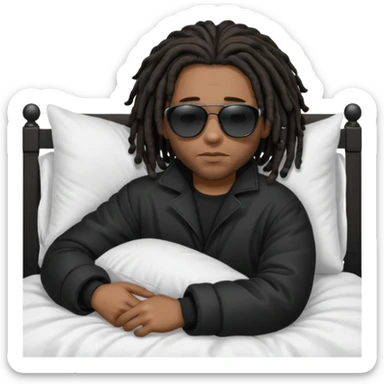 African American man with shoulder length black dreadlocks wearing black sunglasses with black bubble winter coat sleeping in bed sticker