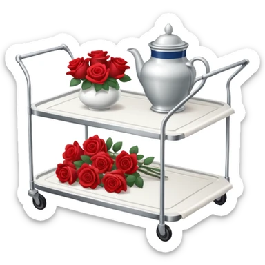 Room service trolley: A silver serving trolley with covered dishes, folded napkins, and a small flower vase. sticker