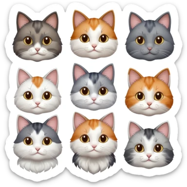 6 realistic looking cats with different natural coloured coats, assorted grey and white, greys, calico, brown and white colours etc
 sticker