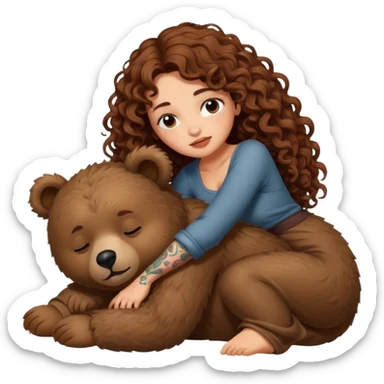 cute woman long curly brown hair tattoos riding sleepy bear sticker