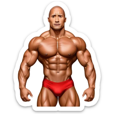 Dwayne Johnson, oiled and posing at the Mr. Universe bodybuilding championship, showcasing his muscular physique in an iconic display of strength. The background features the stage with judges and audience, capturing the intensity and prestige of the competition. Transparent background. sticker