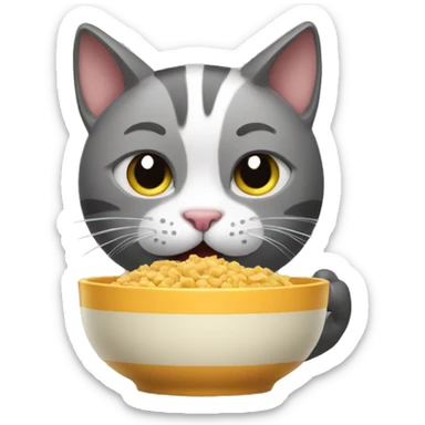 cat eating can food with a bowl sticker