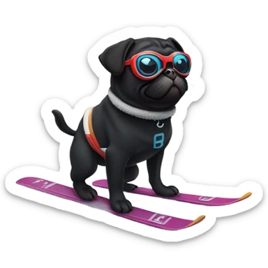 Black pug with a curly tail and goggles skiing on a snowy mountain sticker