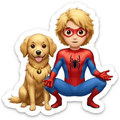 Spider-Man and his full spider outfit with the golden retriever with a golden sticker