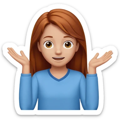 shrugging happy emoji tween long auburn hair light blue shirt with a darker blue L sticker