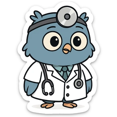 blue baby owl animated, wearing doctor uniform, cartoon style sticker