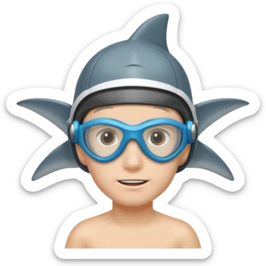 Boy with swim goggles and shark fin cap sticker