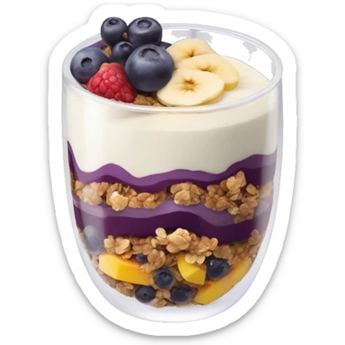 Açaí in a clear cup with layers of fruits and granola and condensed milk sticker
