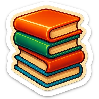 stack of books, retro stickers style, soft rounded shapes, expressive contours, vintage color palette, light paper texture, shadows and highlights, transparent background sticker