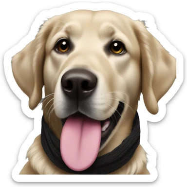 Black retriever with black spot on tongue, wearing scarf sticker