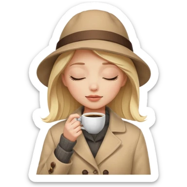 Blonde girl with white skin and eyes closed, wearing a clod ge coat's hat who smells the coffee in her hand  sticker