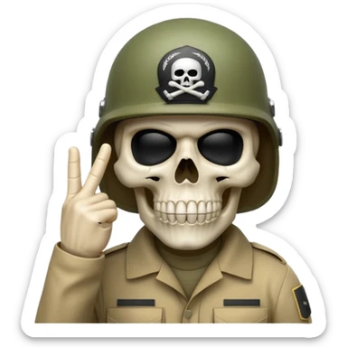 A bold emoji-style (bodyless) white skull wearing a realistic modern army helmet, making a shushing gesture (index finger bone held up to mouth area). Clean vector style,modern emoji aesthetic.The helmet has detailed realistic texture. sticker
