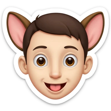 a brunette boy with small eyes with big human ears and with his tongue out sticker