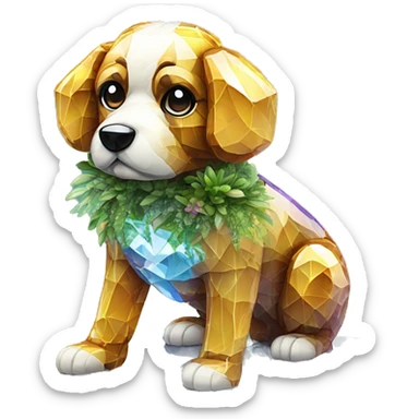 A dog made entirely of glass mirror crystals prisms glass transparent filled with plants as a terrarium sticker
