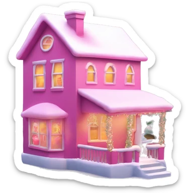 A pink house with a pink Christmas tree, pink snow, pink Santa Claus with a pink hat, pink snowman wrapped with the scarf around his neck and a pink hat, smiling the house have lights decorated around with a Christmas tree in the middle of the window sticker