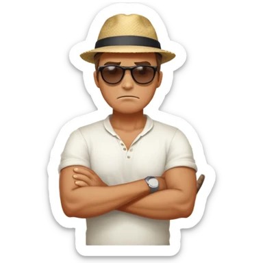 Guy crossing his hands over beach while angry sticker