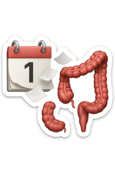 emoji stile iphone di un calendario con fogli che volano insieme a pezzi anatomici di colon umano, iperrealistico 4k, isolato su sfondo bianco sticker