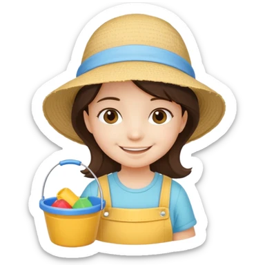 brunet kid girl with toy sand bucket wear sun hat sticker