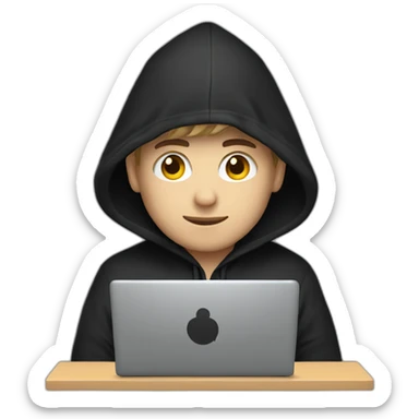 White Young man with a black hood behind his laptop sticker
