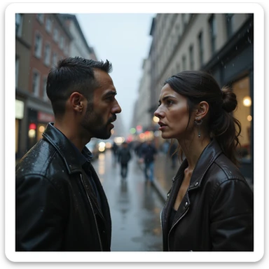 Couple arguing on the street under the rain, heated gestures, angry and frustrated faces, urban atmosphere, hyperrealistic details, 4K resolution sticker