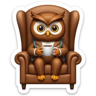 wise owl drinking coffee sitting in an armchair sticker