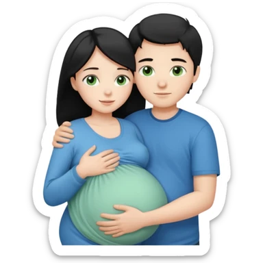 Make a couple hugging the girl is white with long black hair with blue eyes. The girl is hugging a boy with light brown short hair with green eyes. The boz is pregnant  sticker