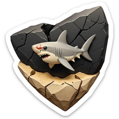 3D render of Shark Tooth, embedded in a chunk of rough sedimentary rock, cracked stone texture, ancient fossil aesthetic, shiny black enamel tooth embedded in beige sand, matte dry finish, Apple emoji style, isolated on white background --v 6.0, only shark teeth sticker