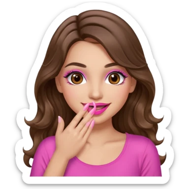 girl with long wavy brown hair, brown eyes, long lashes makeup, sexy pink lips, light to medium complexion, pink sexy top, smiling, hand covering  sticker