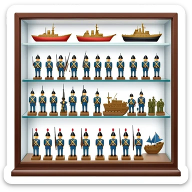 Icon for Miniature Collecting: a collection of finely detailed miniature items such as tiny colorful army of soldiers, ships and accessories, neatly displayed on a shelf or in a display case. The icon should convey the intricacy and charm of collecting miniature objects. Transparent background. sticker