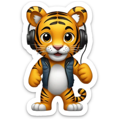 tiger standing on 2 feet wearing headphones sticker