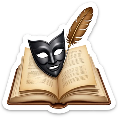 An icon featuring an open book with flowing pages, a feather quill, and classic literary symbols like a theater mask and inkwell. The design includes a subtle parchment background with faint text lines, symbolizing the study of literature. Transparent background emphasizes creativity and analysis. sticker