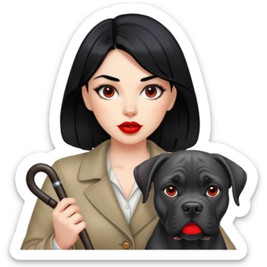 Fashionable girl with black hair and red lips with a Cane Corso dog sticker