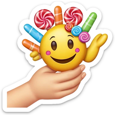 a smiley face holding a handful of candy sticker