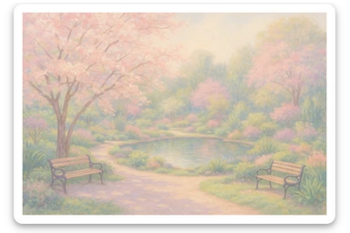 A peaceful botanical garden with blooming trees, benches, and a pond, soft colors sticker