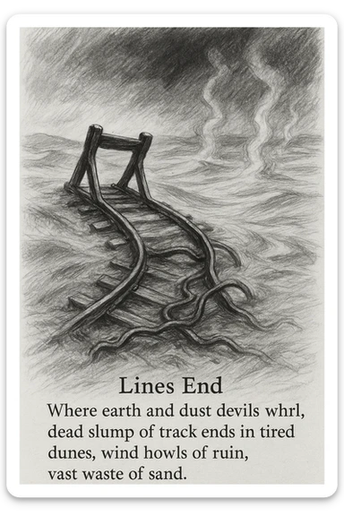 black and white pencil sketch inspired by the poem 'Lines End', showing a desolate, slumping railroad track ending abruptly in a barren landscape of dunes and sand, twisted rails, sense of ruin, vast empty wasteland with wind, earth, and dust devils, dramatic lighting, no background clutter, poem text included in regular font flowing along the bottom or side of the sketch sticker