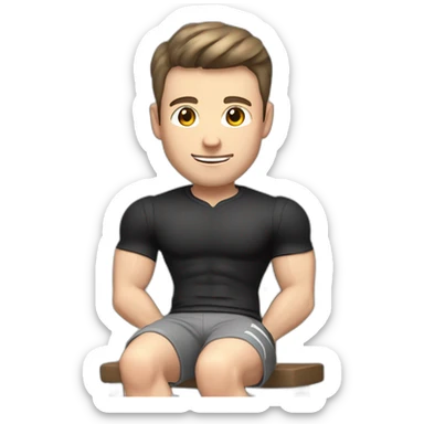 Pale skinned Fit Man With the biceps and dark brown hair in black shirt, gray sports shorts and white Sneakers Sitting on a chair sticker
