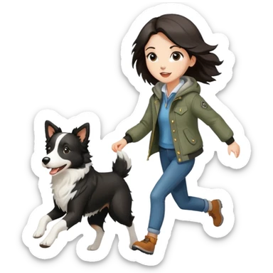 A beautiful girl with fair skin wearing a jacket chasing a Border Collie sticker