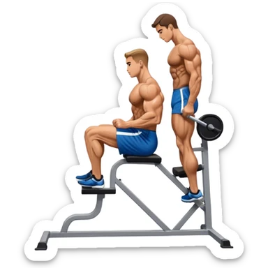 side-view bodybuilder seated weighted calf-raise machine lower leg exercise sticker