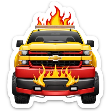 Yellow Chevrolet Silverado with custom red flame artwork specifically on the front bumper, hood remains plain yellow, authentic Kill Bill truck design, 30-degree angle, iOS emoji style sticker