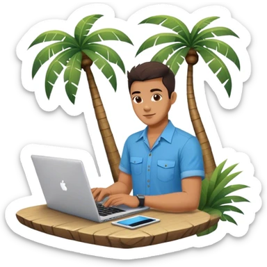 A digital nomad in bali working on a laptop wearing a tropical blue shirt with a palm tree on the side sticker