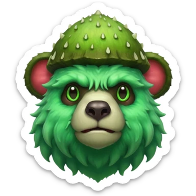 poisonous mushroom bear monster portrait, head and shoulders only, bear-like face, mushroom cap horns, toxic green aura, fluffy neck fur, fantasy beast style, 3D cartoon, mobile game icon style, clean background, no text, no watermark

 sticker
