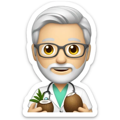 a doctor, WHITE SKIN, full grey beard, white and grey short hair, holding a coconut on his hand sticker