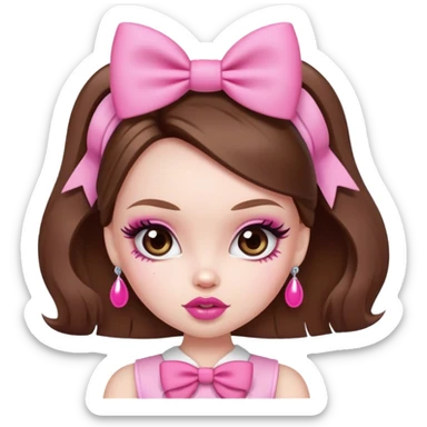 pretty bratz baddie, pale skin, brown hair, pink bow, cute sticker