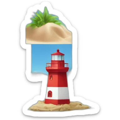 landscape, red and white lighthouse in the sea, six rectangular stones around, some sand and a coconut tree sticker