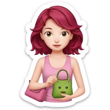a pretty fair bratz girl with wavy dark red hair, wearing a pink tank top , carrying a matcha and a pink bag sticker